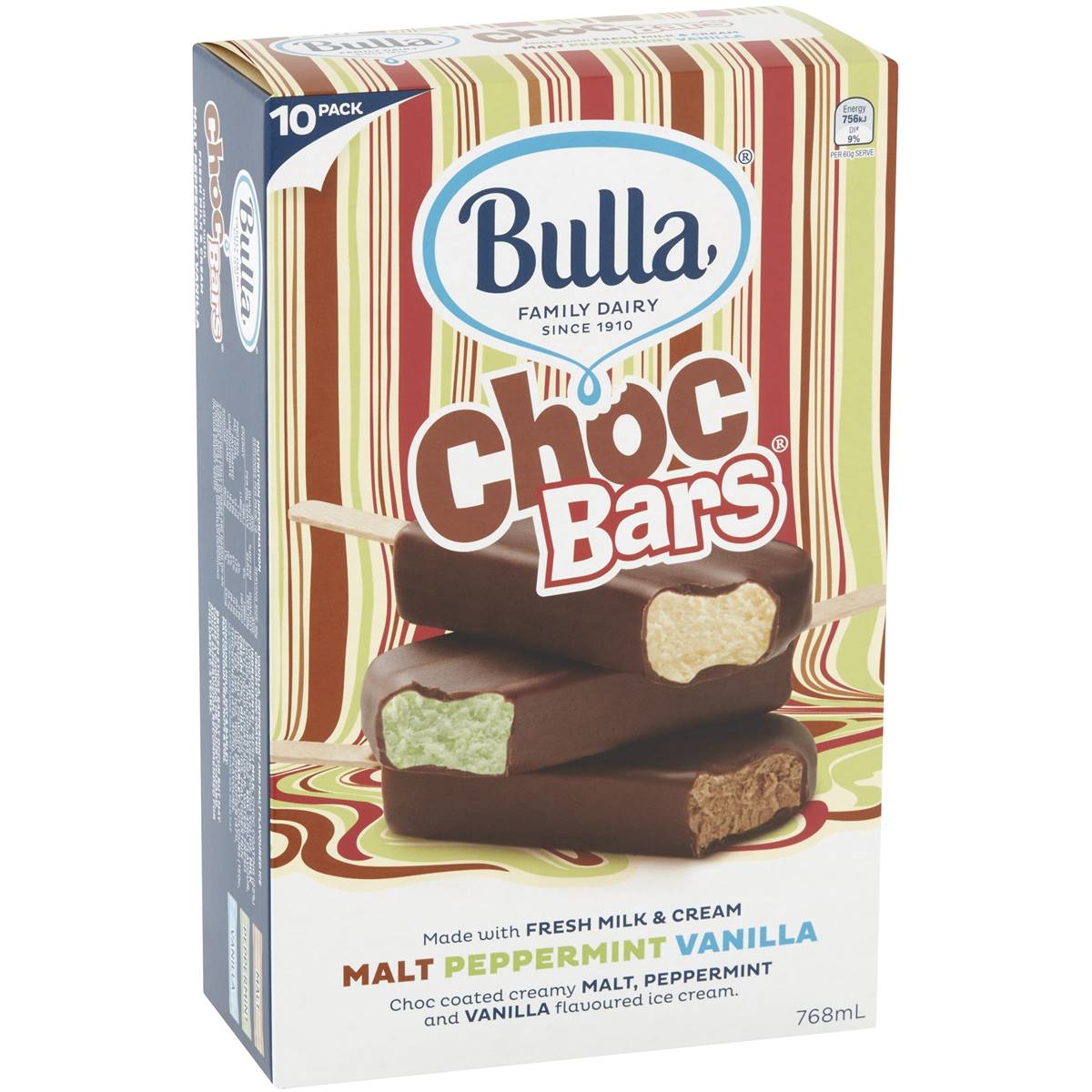 Bulla Ice Cream Choc Bars Malt, Peppermint & Vanilla 10 Pack 768ml