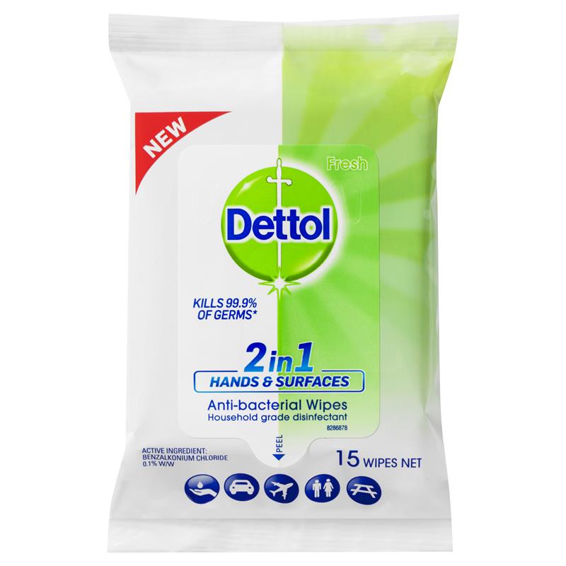 Dettol 2 in 1 Hands & Surfaces Antibacterial Wipes 15pk