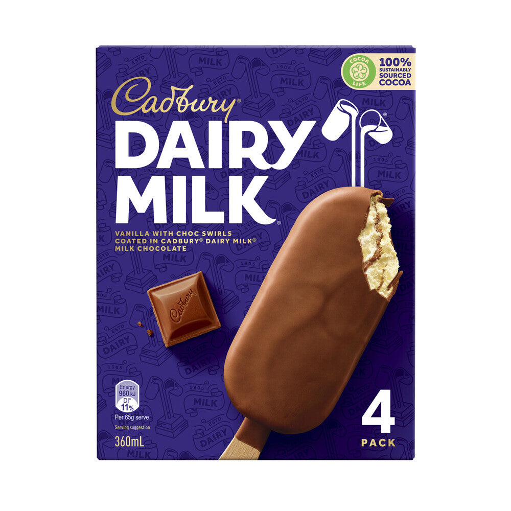 Cadbury Dairy Milk Chocolate Bars 4 pk 360ml