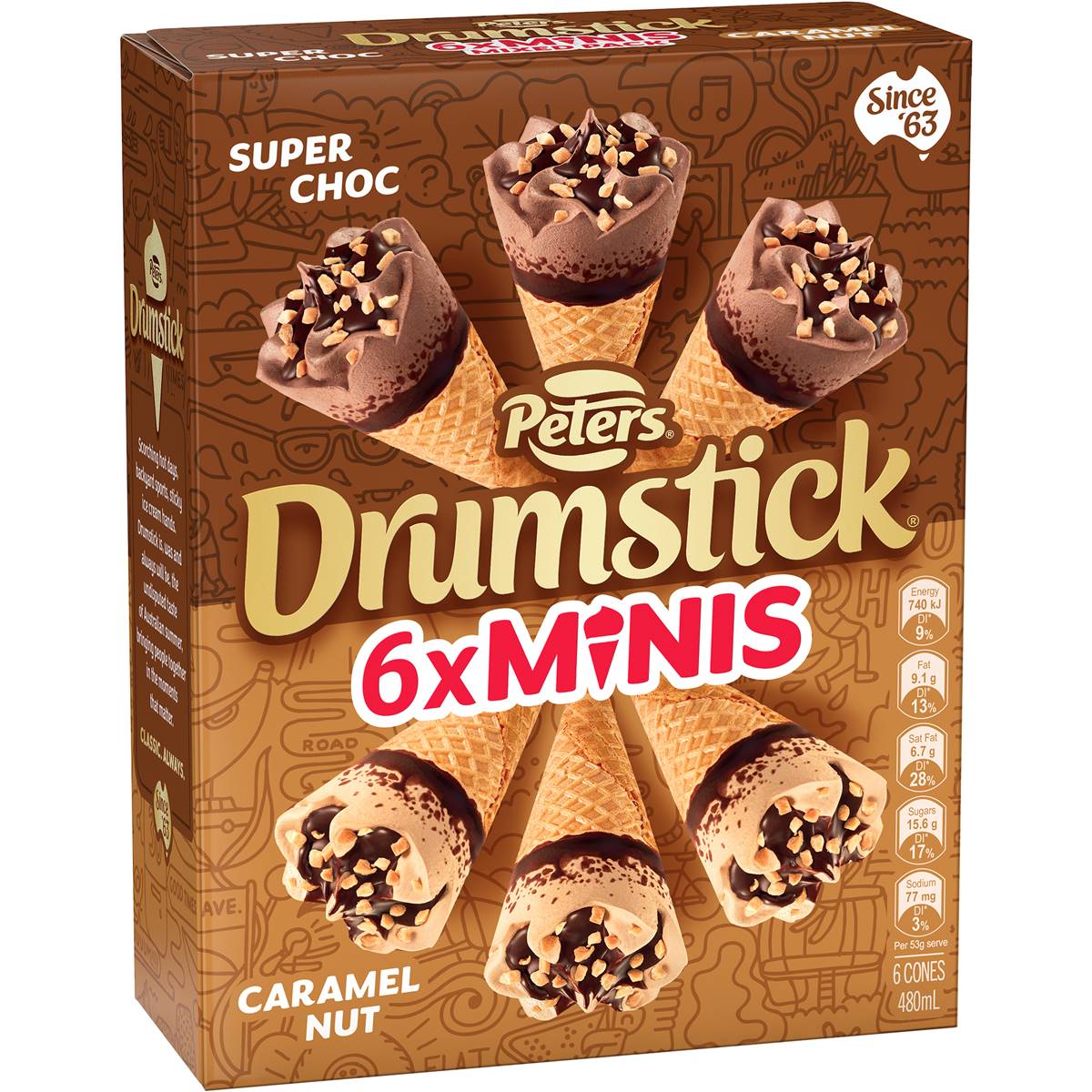 Peters Mini Drumsticks Super Choc Caramel Nut 6pk