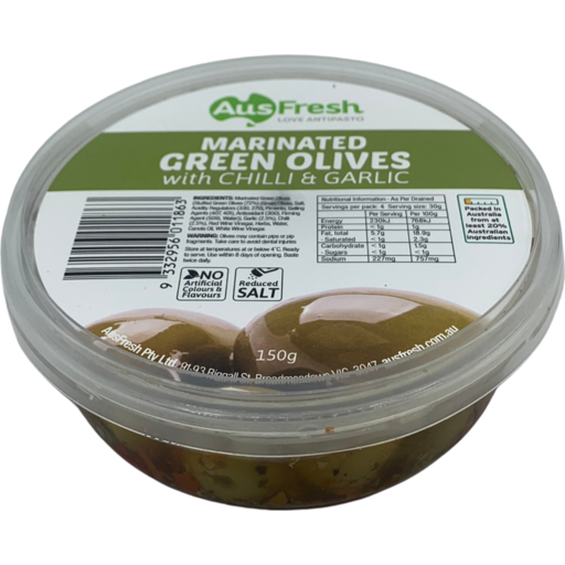 AusFresh Green Olives w/Chilli & Garlic 150g