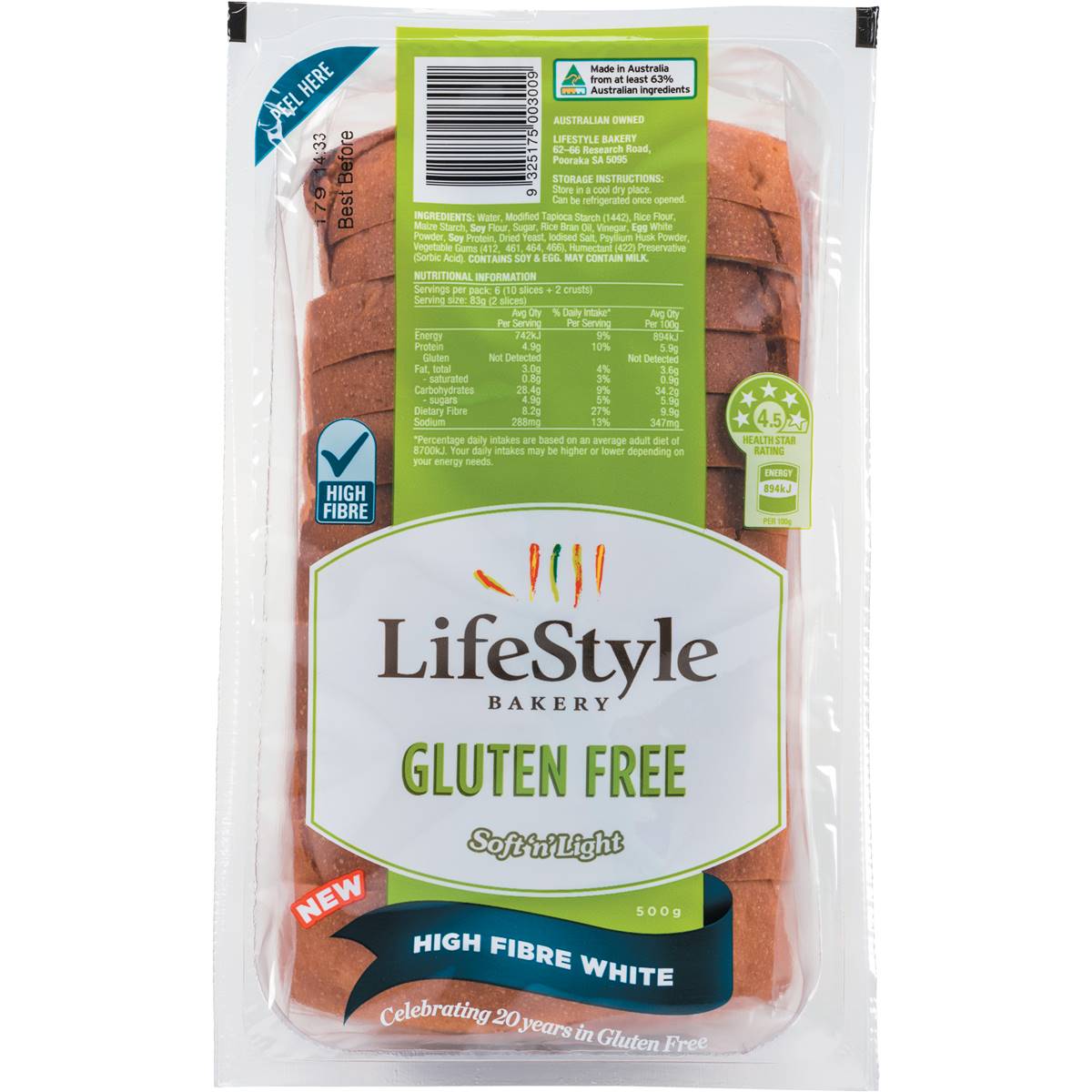 Lifestyle Bakery Gluten Free Soft n Light High Fibre White Bread 500g