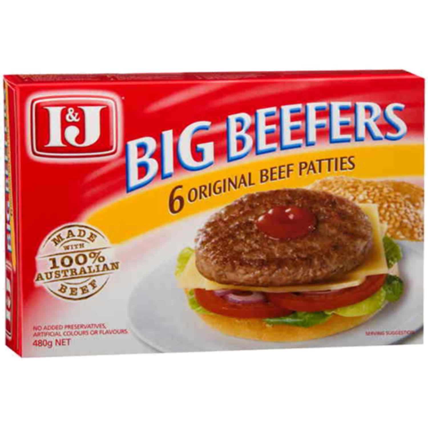 I&J Big Beefers Original Beef Patties 6 Pack 480g