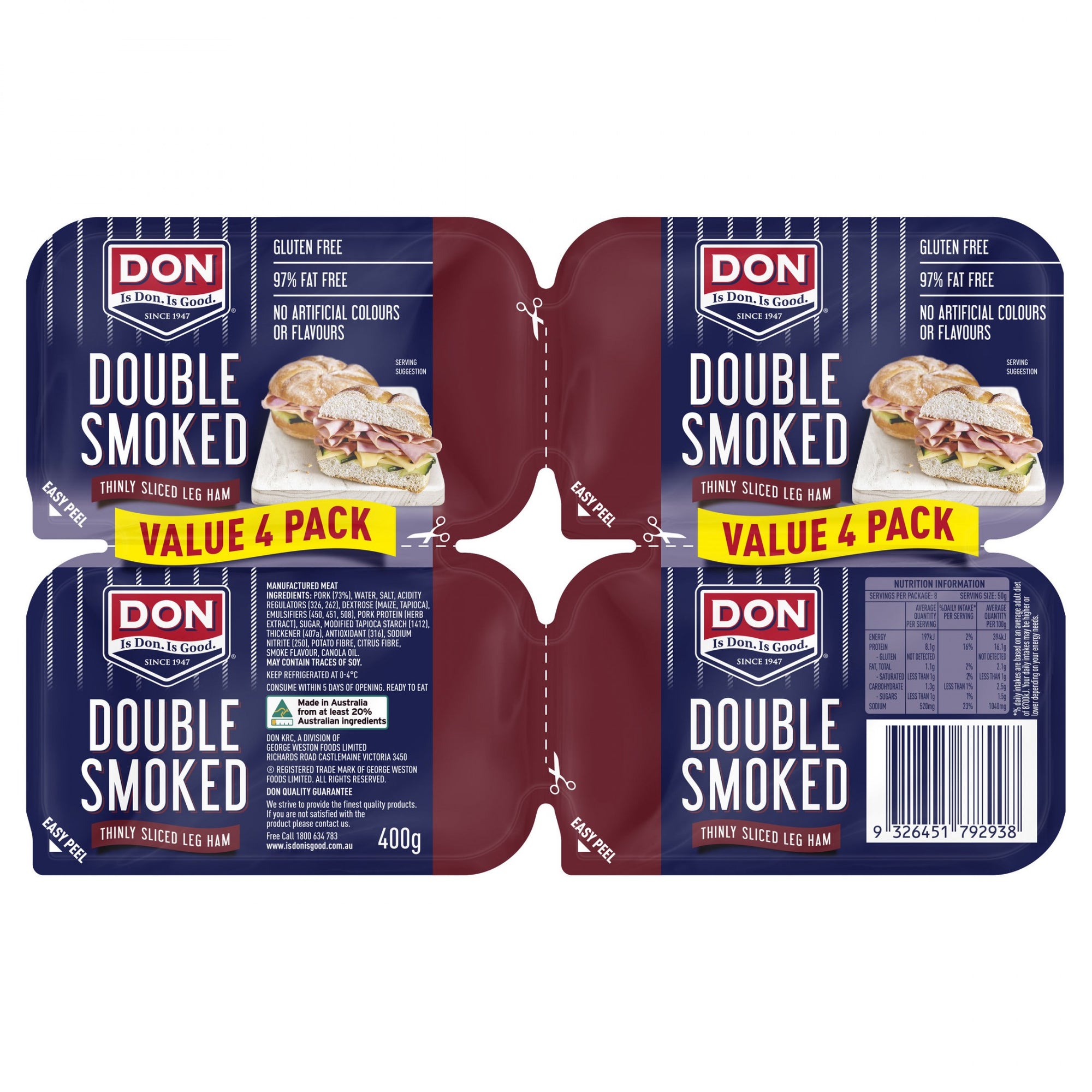 Don Ham Thinly Sliced Double Smoked 400g Value 4 Pack