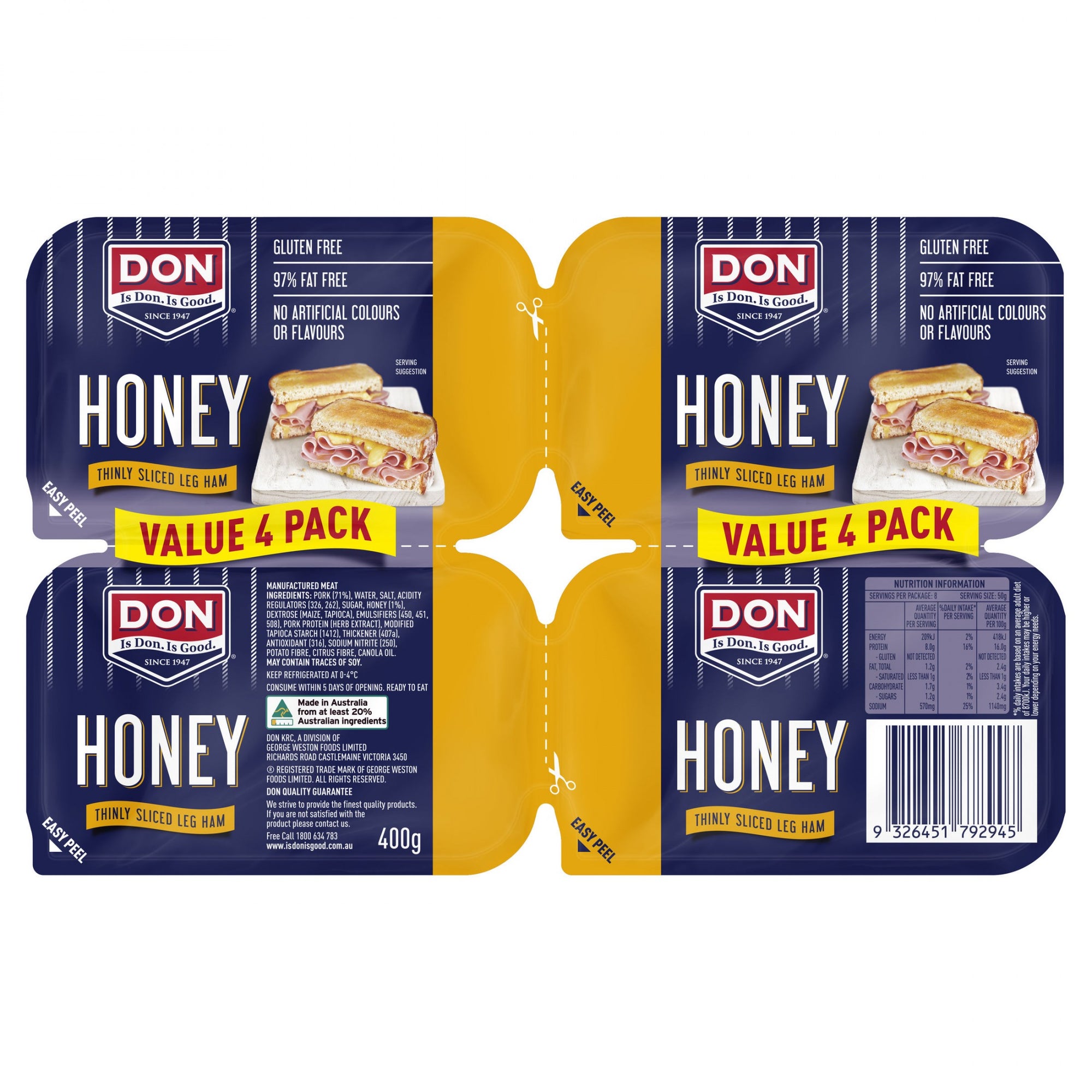 Don Ham Thinly Sliced Honey 400g Value 4 Pack