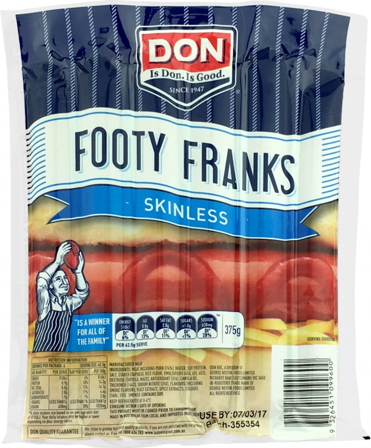 Don Skinless Footy Frankfurts 375g